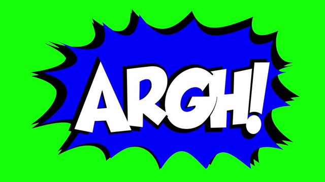 A comic strip speech bubble cartoon animation, with the words Damn Argh. White text, blue shape, green background.

