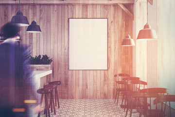 Wooden bar, white stand and tables toned