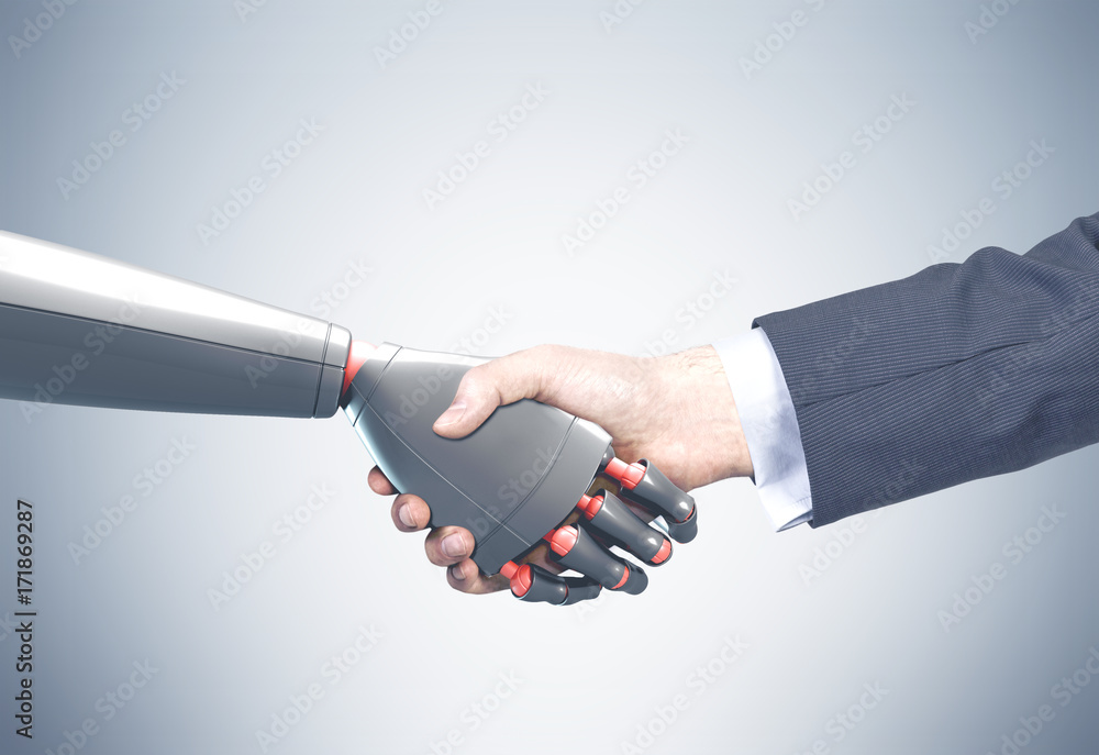 Poster man and robot handshake