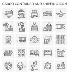 Vector line icon of cargo container and shipping work.