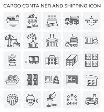 Vector line icon of cargo container and shipping work.