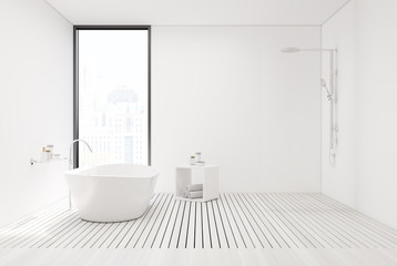 Fototapeta na wymiar White wooden floor bathroom and shower