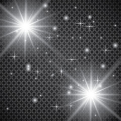 Set of glowing light effects with transparency isolated on plaid vector background. Lens flares, rays, stars and sparkles with bokeh collection.