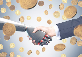 Man and robot shaking hands, bitcoin rain