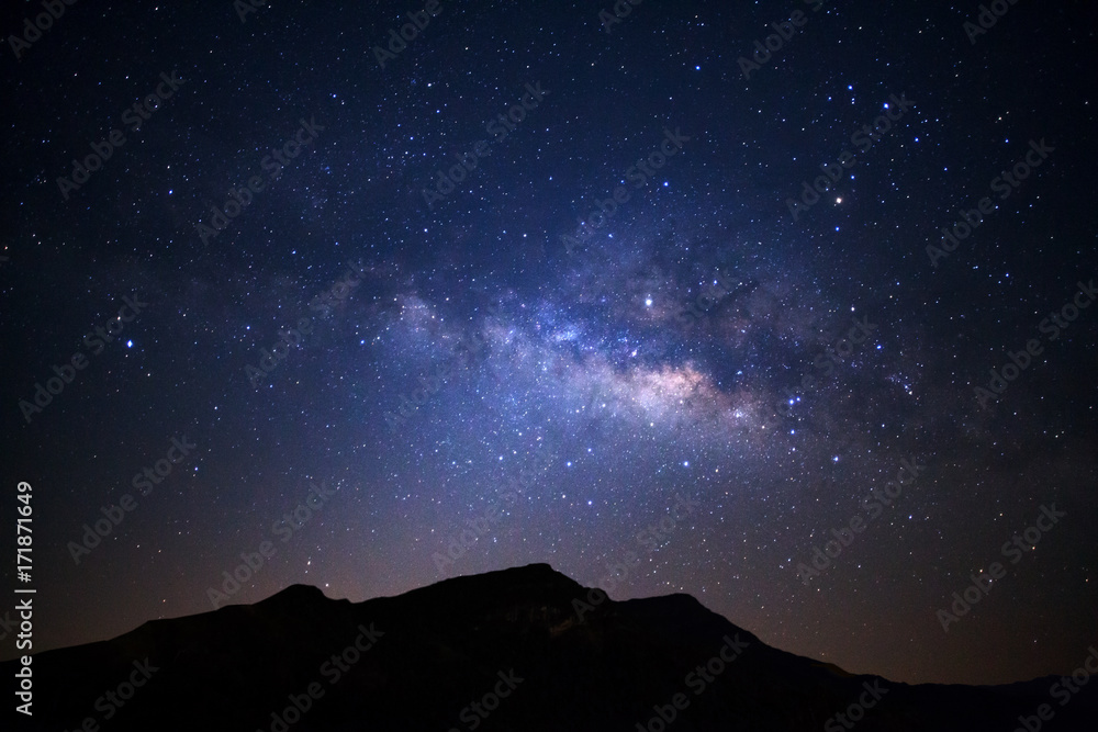 Wall mural landscape with milky way galaxy over high moutain, night sky with stars.