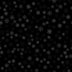 Naklejka na ściany i meble White snowflakes seamless pattern on black Christmas background. Chaotic scattered white snowflakes. Sightly Christmas creative pattern. Vector illustration.