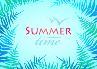 Obraz premium Hello Summer Holiday poster. Traveling template poster. Party poster with palm leaf and lettering summer time.