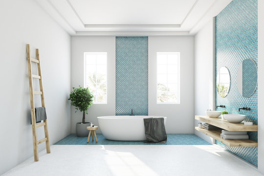 Blue and white bathroom, white tub