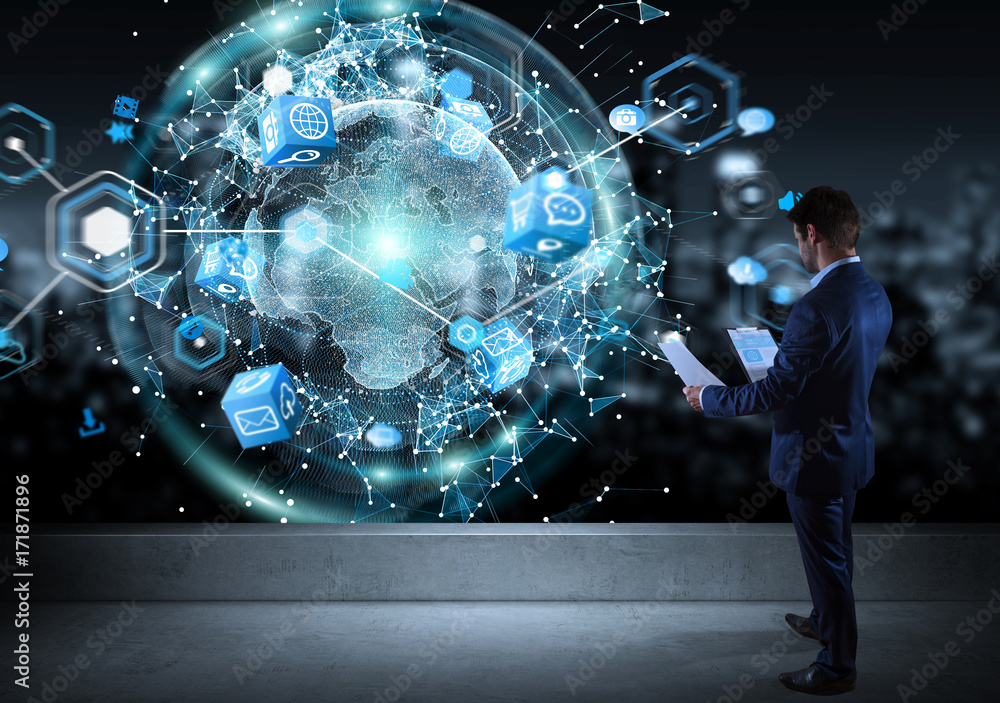 Poster businessman watching digital planet earth interface on a rooftop 3d rendering