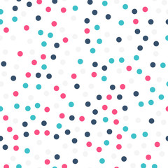 Colorful polka dots seamless pattern on white 19 background. Cool classic colorful polka dots textile pattern. Seamless scattered confetti fall chaotic decor. Abstract vector illustration.