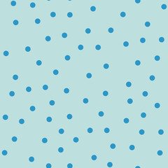 Blue polka dots seamless pattern on turquise background. Beauteous classic blue polka dots textile pattern in restrained colours. Seamless scattered confetti fall chaotic decor. Vector illustration.
