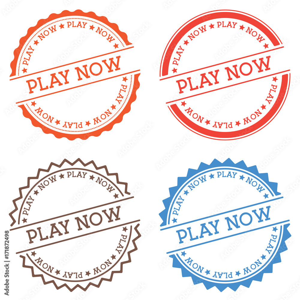 Poster play now badge isolated on white background. flat style round label with text. circular emblem vecto