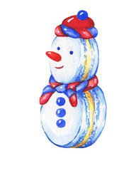 Snowman cupcake. Christmas decoration - greeting card, invitation. New Year. Snowman macaron. Snowman silhouette. Watercolor hand drawn painting illustration isolated on white background.