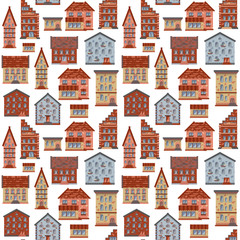 Retro colored seamless pattern with houses, doodle house vector background, cute colorfull houses in cartoon style, EPS 8