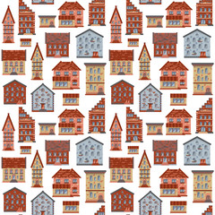 Retro colored seamless pattern with houses, doodle house vector background, cute colorfull houses in cartoon style, EPS 8