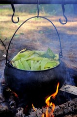 cooking corn in a cauldron at the stake