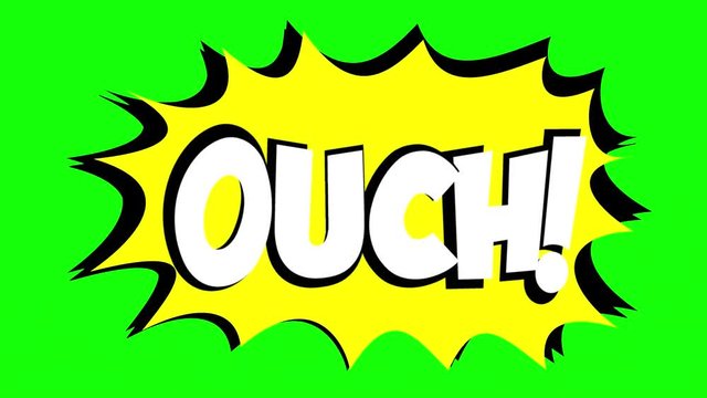 A comic strip speech bubble cartoon animation, with the words Oops Ouch. White text, yellow shape, green background.
