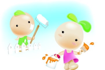 Two cartoon characters are painting