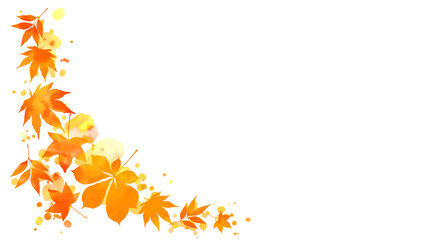 Fototapeta premium Corner border frame of vibrant orange and red autumn leaves and abstract watercolor splashes on copy space white background. Digital art painting for vertical or horizontal design.