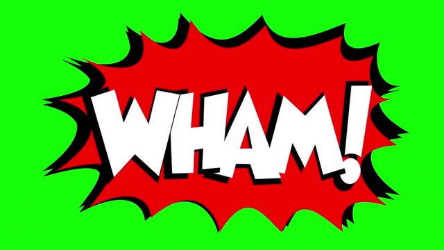 A comic strip speech bubble cartoon animation, with the words Thud Wham. White text, red shape, green background.
