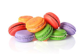 French dessert. Heap of sweet multicolored macaroons or macarons