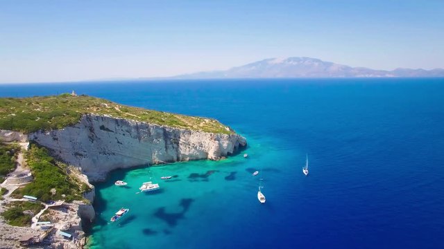 4K (UHD) Aerial view of  Agios Nikolaos blue caves  in Zakynthos (Zante) island, in Greece