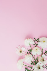 White flowers and leaves arrangement on pink background. Flat lay, top view. Flowers background.