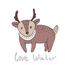 Love winter card with cute, funny deer in vector.