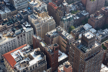 New York City Manhattan skyline aerial roof tops view with skyscrapers and streets