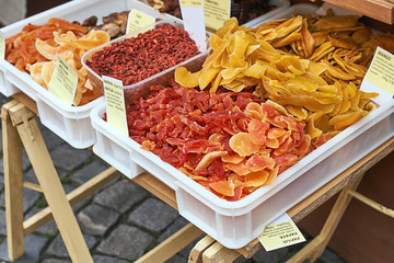 Dried papaya, melons, fig fruits, mango and other succades being sold on the street