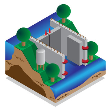 Locks water. A device for raising and lowering boats. Isometric. Vector illustration.