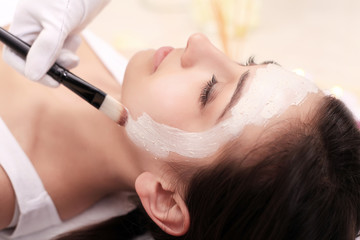 Obraz na płótnie Canvas The doctor is a cosmetologist for the procedure of cleansing and moisturizing the skin, applying a mask with stick to the face of a young woman in beauty salon.Cosmetology and professional skin care.