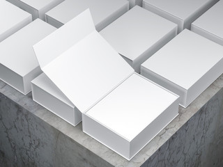 Open white cardboard box and many closed boxes, 3d rendering