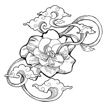 Cape jasmine, Gardenia jasmine and aroma cloud design by  ink drawing tattoo vector with white isolated background. the Gardenia jasmine is a white little flower for Makha Bucha Day 
 