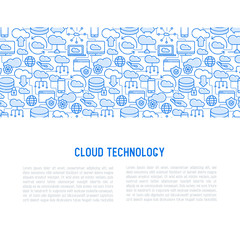 Fototapeta na wymiar Cloud computing technology concept with thin line icons related to hosting, server storage, cloud management, data security, mobile and desktop memory. Vector illustration.