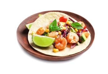 Plate with delicious shrimp taco, isolated on white