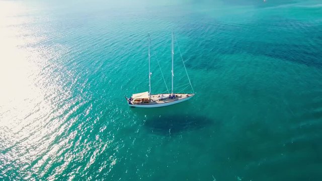 4K (UHD) Aerial view of a boat mooring in  Keri bay in Zakynthos (Zante) island, in Greece