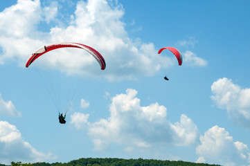 Two paragliders flying in the blue sky against the background of clouds. Paragliding in the sky on a sunny summer day.