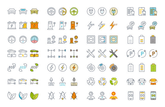 Set Vector Flat Line Icons Electric Cars