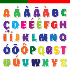 Cute funny childish Portuguese alphabet. Vector font illustration
