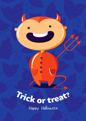 Halloween vector poster trick or treat with devil on seamless background