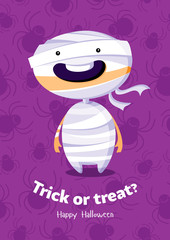 Halloween vector poster trick or treat with mummy on seamless background