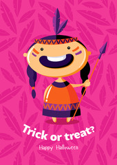 Halloween vector poster trick or treat with person girl on seamless background