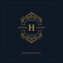 Gold Line graphics monogram. Elegant art logo design. Letter H. Graceful template. Business sign, identity for Restaurant, Royalty, Boutique, Cafe, Hotel, Heraldic, Jewelry, Fashion. Vector elements