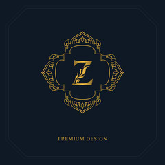 Gold Line graphics monogram. Elegant art logo design. Letter Z. Graceful template. Business sign, identity for Restaurant, Royalty, Boutique, Cafe, Hotel, Heraldic, Jewelry, Fashion. Vector elements