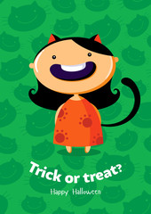 Halloween vector poster Trick or treat with cat girl on seamless background