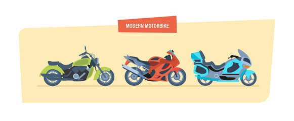 Different types of modern motorcycles: sports, biker motorcycle, classic.