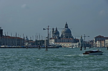Gondolas on Grand Canal and Basilica Santa Maria della Salute, San Giorgio Maggiore Island, Venezia, Venice, Italy 
