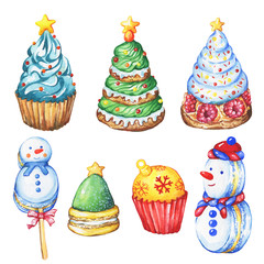 Set cupcake a christmas tree, ball, snowman shape. Christmas decoration for greeting card, invitation, paper. New Year. Watercolor hand drawn painting illustration isolated on white background.