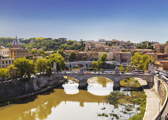 Fototapeta premium Top view of the Tiber and the bridges across it, Rome, Italy
